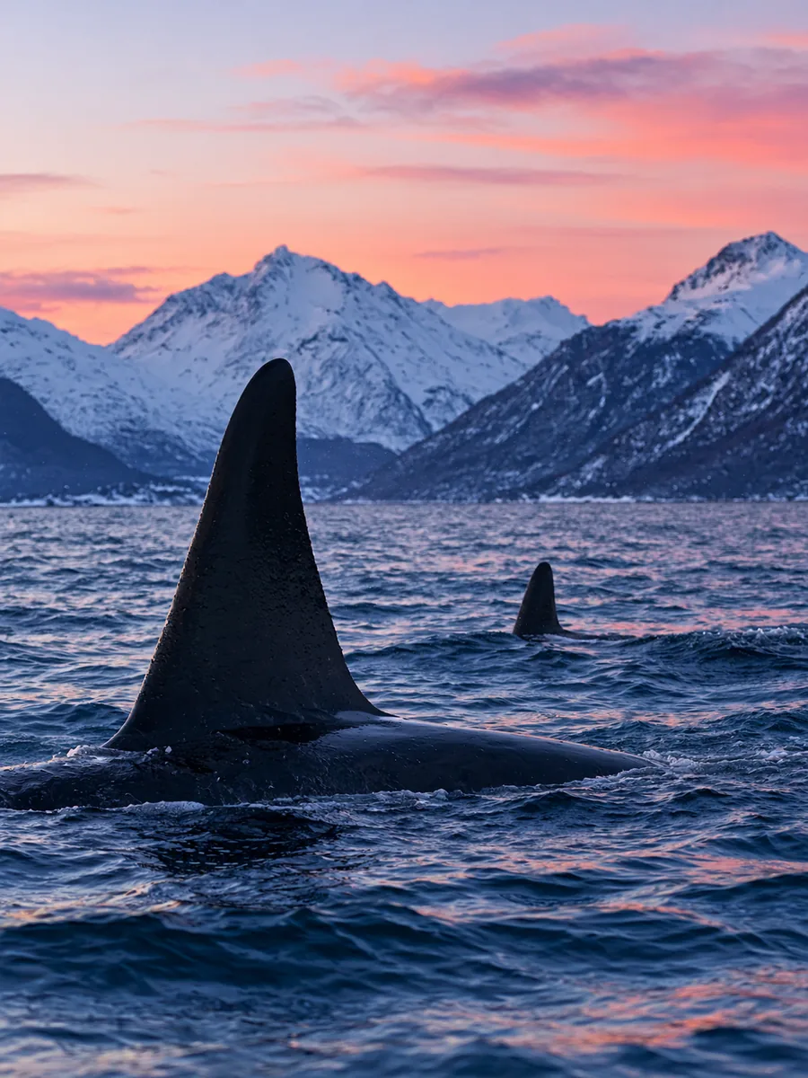 Illustration der hohen Rückenflosse eines männlichen Orcas, die durch einen dunklen Fjord unter einem rosa Himmel schneidet